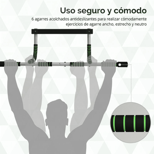 HOMCOM Barra de Pull-Up Multifuncional de Parede com Pegas Antiderrapantes, Suporta até 110 kg, Ideal para Exercícios e Treino em Casa, Preto e Verde