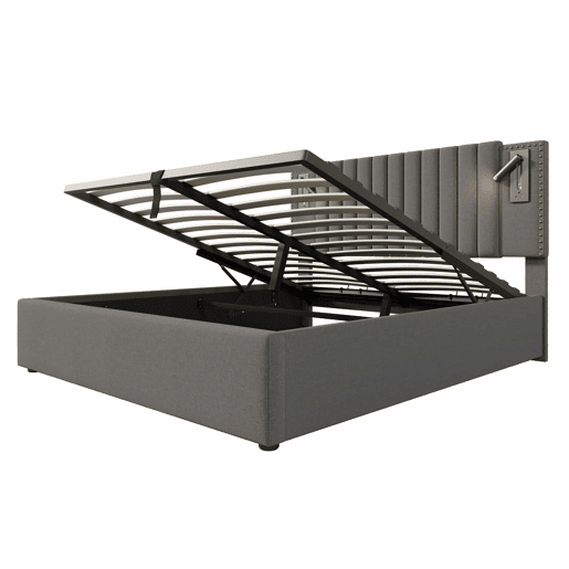 Cama estofada 180x200 - com baú rebatível, luz de leitura com porta USB, cabeceira com encosto e design com rebites, base incluída - cinzenta