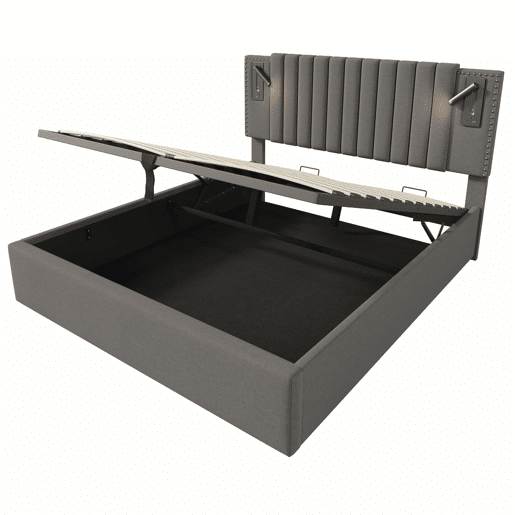 Cama estofada 180x200 - com baú rebatível, luz de leitura com porta USB, cabeceira com encosto e design com rebites, base incluída - cinzenta