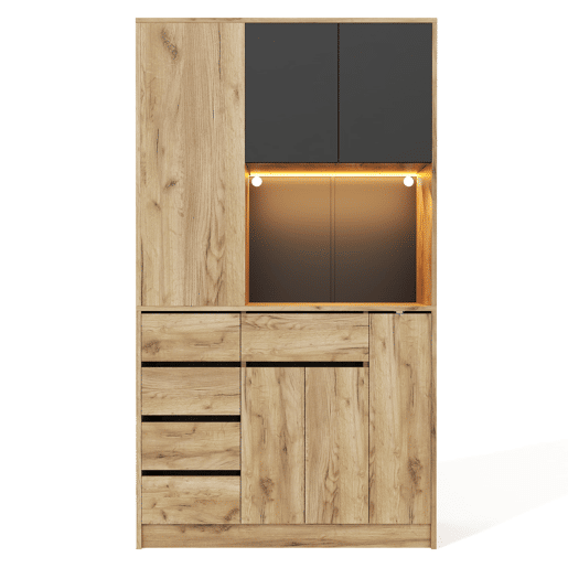 Aparador de cozinha 185x105x40 cm - Prateleiras ajustáveis, LED com comando, tomada, removĂvel - Preto+Natural Aparador de cozinha 185x105x40 cm - Prateleiras ajustáveis, LED com comando, tomada, removĂvel - Preto+Natural