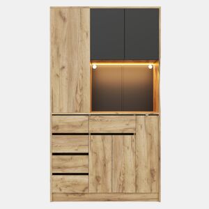 Aparador de cozinha 185x105x40 cm - Prateleiras ajustáveis, LED com comando, tomada, removível - Preto+Natural