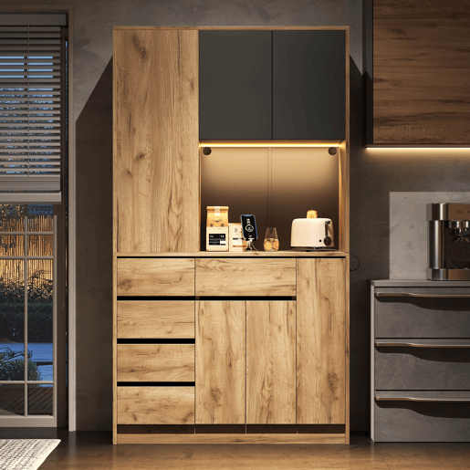 Aparador de cozinha 185x105x40 cm - Prateleiras ajustáveis, LED com comando, tomada, removĂvel - Preto+Natural Aparador de cozinha 185x105x40 cm - Prateleiras ajustáveis, LED com comando, tomada, removĂvel - Preto+Natural
