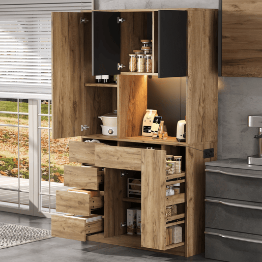 Aparador de cozinha 185x105x40 cm - Prateleiras ajustáveis, LED com comando, tomada, removĂvel - Preto+Natural Aparador de cozinha 185x105x40 cm - Prateleiras ajustáveis, LED com comando, tomada, removĂvel - Preto+Natural