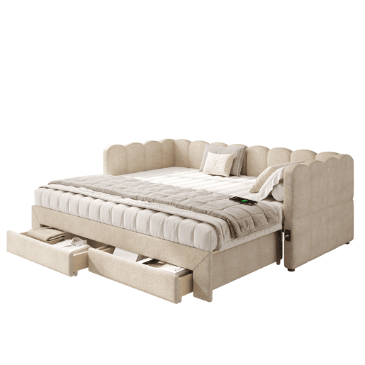 Sofá-cama individual conversível 90x190 cm de tecido,bege