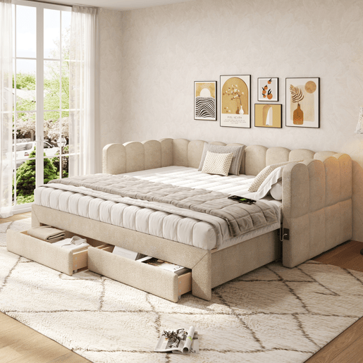 Sofá-cama individual conversível 90x190 cm de tecido,bege