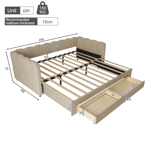 Sofá-cama individual conversível 90x190 cm de tecido,bege