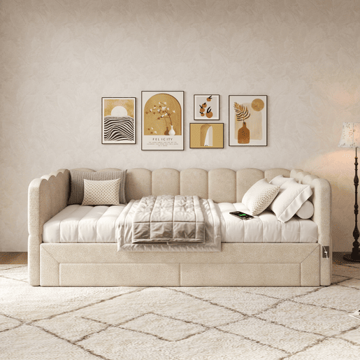 Sofá-cama individual conversível 90x190 cm de tecido,bege