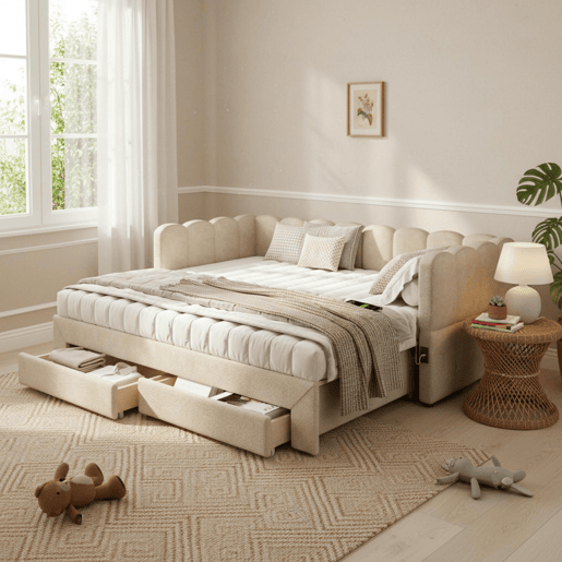 Sofá-cama individual conversível 90x190 cm de tecido,bege