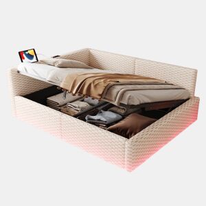 Cama estofada 140x200 cm - LED, USB, encosto em L, veludo, baú hidráulico - Bege