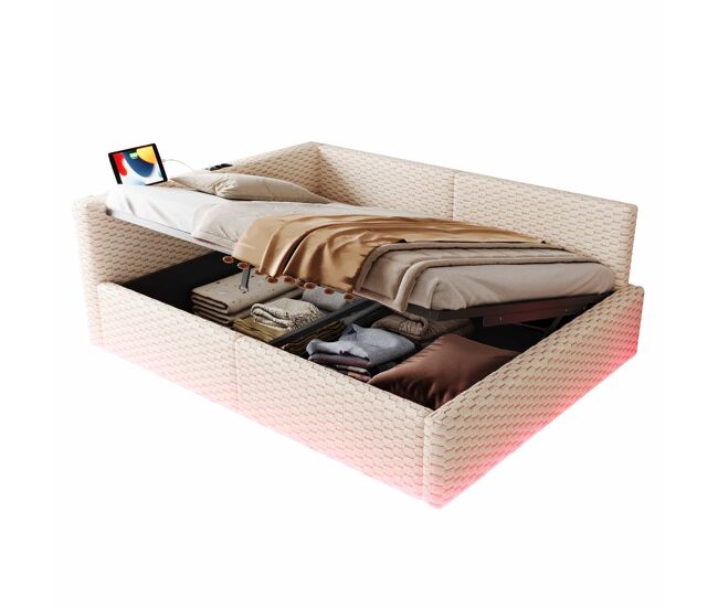 Cama tapizada 140x200 cm - led, usb, respaldo en l, terciopelo, canapé hidráulico - beige