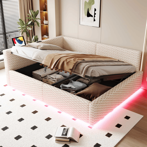 Cama estofada 140x200 cm - LED, USB, encosto em L, veludo, baú hidráulico - Bege