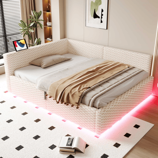 Cama estofada 140x200 cm - LED, USB, encosto em L, veludo, baú hidráulico - Bege
