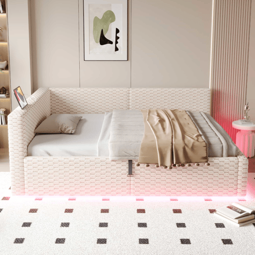 Cama estofada 140x200 cm - LED, USB, encosto em L, veludo, baú hidráulico - Bege