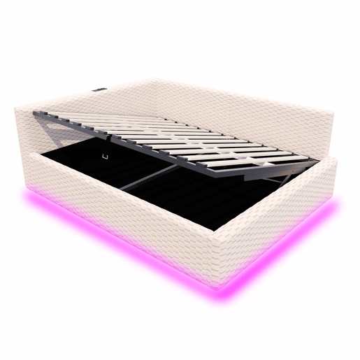 Cama estofada 140x200 cm - LED, USB, encosto em L, veludo, baú hidráulico - Bege