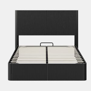 Cama moderna 140x200 cm - Sistema de elevação hidráulico, amplo espaço de arrumação, ripas de madeira maciça - Preto
