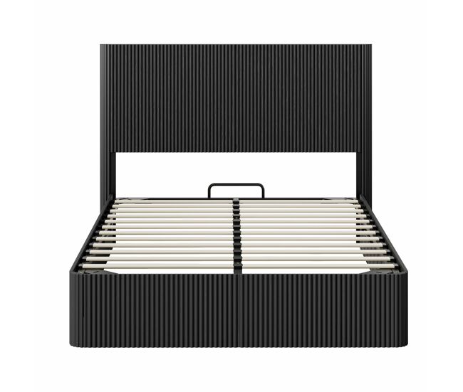 Cama moderna 140x200 cm - sistema de elevación hidráulico, gran espacio de almacenamiento, listones de madera maciza - negro