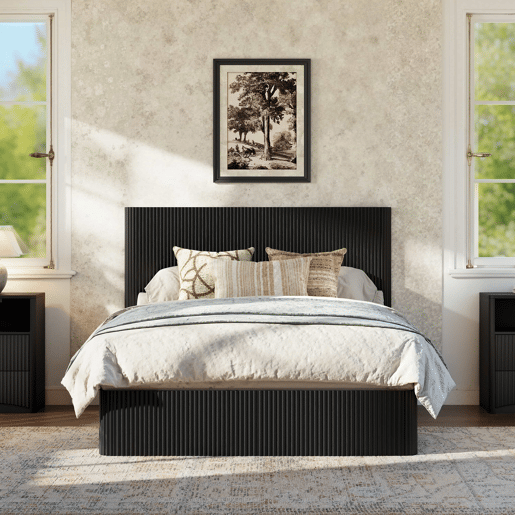 Cama moderna 140x200 cm - Sistema de elevação hidráulico, amplo espaço de arrumação, ripas de madeira maciça - Preto