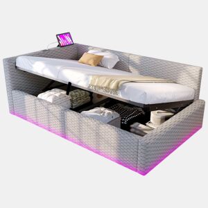 Cama estofada 90 x 200 cm u2013 com iluminação LED, portas USB e encosto L macio u2013 Cinza