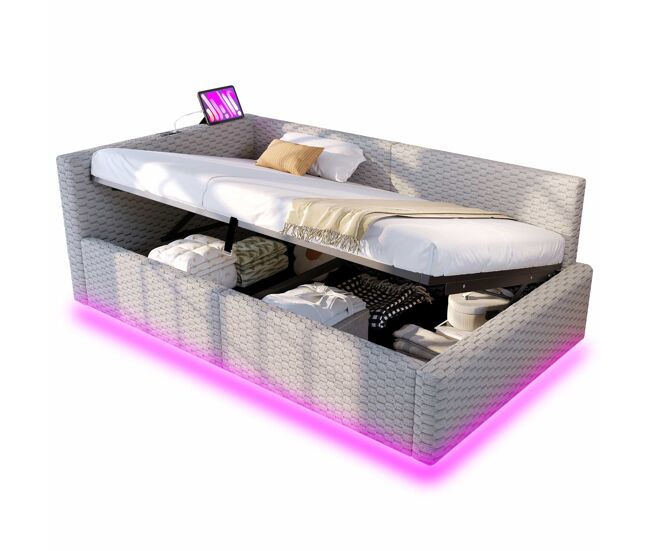 Cama tapizada 90x200 cm - con iluminación led, puertos usb y respaldo l suave - gris