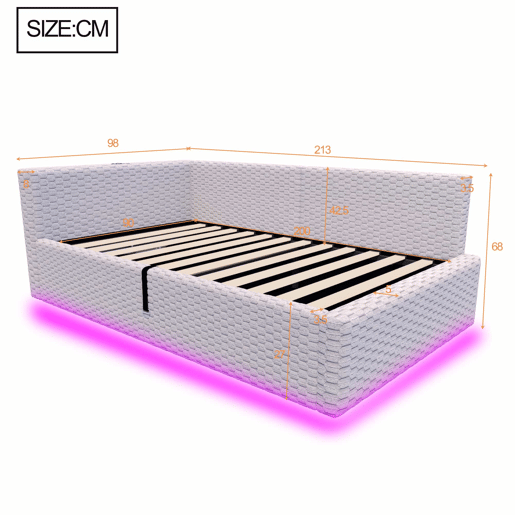 Cama estofada 90 x 200 cm u2013 com iluminação LED, portas USB e encosto L macio u2013 Cinza