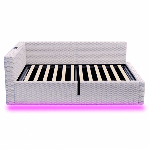 Cama estofada 90 x 200 cm u2013 com iluminação LED, portas USB e encosto L macio u2013 Cinza