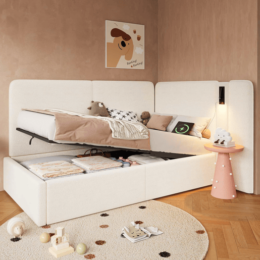 Cama de dia 90 x 200 cm - com arrumação hidráulica, estofada, sofá-cama com porta USB e candeeiro de leitura - bege