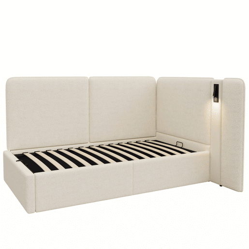 Cama de dia 90 x 200 cm - com arrumação hidráulica, estofada, sofá-cama com porta USB e candeeiro de leitura - bege