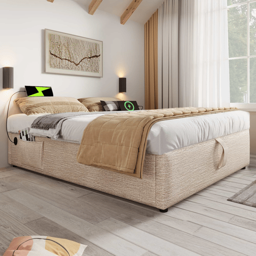 Cama de casal estofada 160x200 - com arrumação, USB-C, base completa, sem cabeceira - begenatural