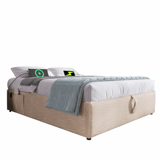Cama de casal estofada 160x200 - com arrumação, USB-C, base completa, sem cabeceira - begenatural