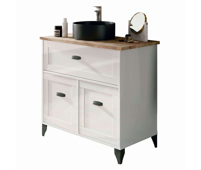 Mueble de baño siena con 1 cajón y 2 puertas blanco soft y roble cambrian (con lavabo cerámico)