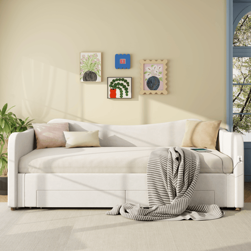 Sofá-cama individual conversível 90x200 cm de veludo,bege