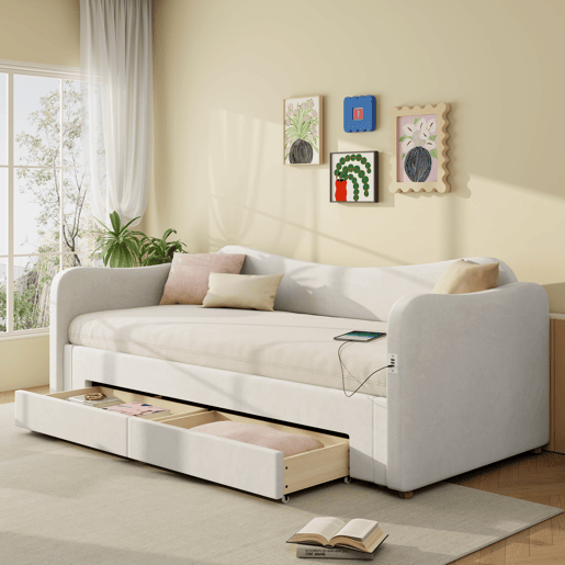 Sofá-cama individual conversível 90x200 cm de veludo,bege