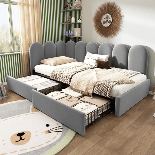Cama individual estofada 90x190 - com gavetas e estrado, tipo sofá-cama - cinzento