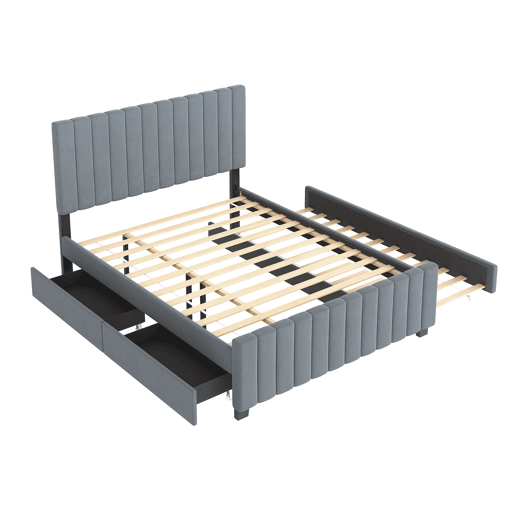Cama estofada 140x190 cm com cama extraível e 2 gavetas - cama baixa dupla em veludo hipoalergénico para crianças e jovens - cinzenta (sem colchão)