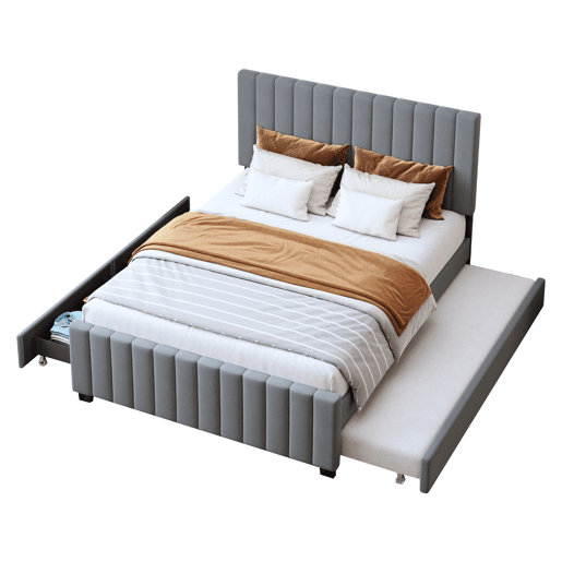 Cama estofada 140x190 cm com cama extraível e 2 gavetas - cama baixa dupla em veludo hipoalergénico para crianças e jovens - cinzenta (sem colchão)