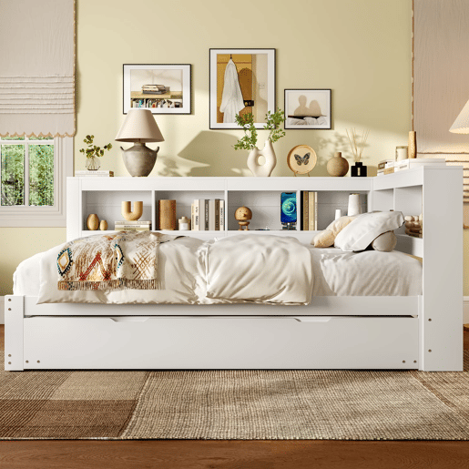 Sofá-cama + 140x200 cm - Cama extensível com tomada e 2 portas USB - Branco