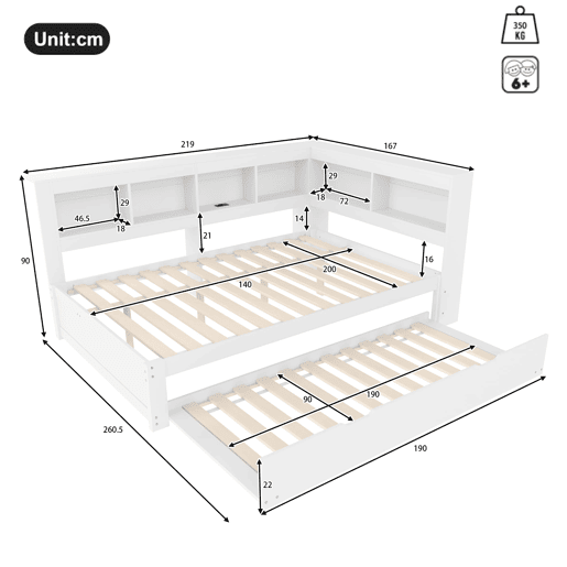 Sofá-cama + 140x200 cm - Cama extensível com tomada e 2 portas USB - Branco
