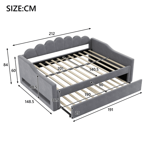 Cama individual 140x200 - estofada com LED e cama extraível - Cinza
