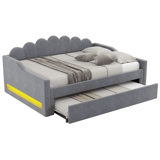 Cama individual 140x200 - estofada com LED e cama extraível - Cinza