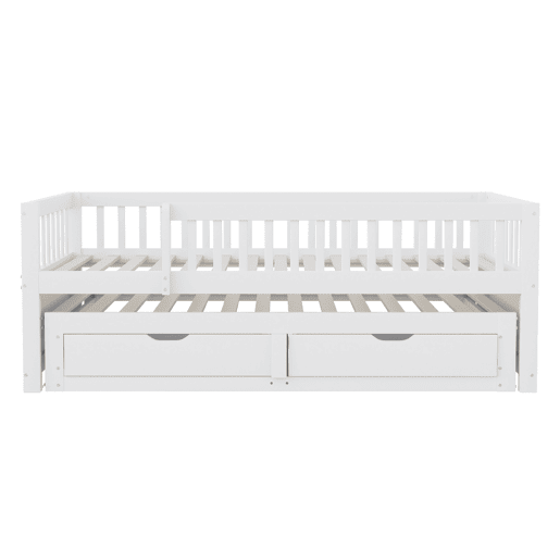 Sofá-cama em madeira maciça 90 x 200 cm - grade de segurança completa, cama extensível com 2 gavetas e estrado - branco Sofá-cama em madeira maciça 90 x 200 cm - grade de segurança completa, cama extensível com 2 gavetas e estrado - branco