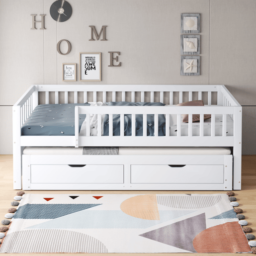 Sofá-cama em madeira maciça 90 x 200 cm - grade de segurança completa, cama extensível com 2 gavetas e estrado - branco Sofá-cama em madeira maciça 90 x 200 cm - grade de segurança completa, cama extensível com 2 gavetas e estrado - branco