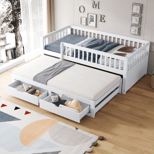 Sofá-cama em madeira maciça 90 x 200 cm - grade de segurança completa, cama extensível com 2 gavetas e estrado - branco Sofá-cama em madeira maciça 90 x 200 cm - grade de segurança completa, cama extensível com 2 gavetas e estrado - branco