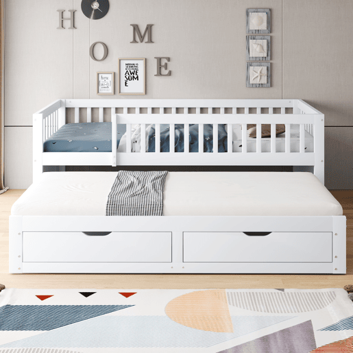Sofá-cama em madeira maciça 90 x 200 cm - grade de segurança completa, cama extensível com 2 gavetas e estrado - branco Sofá-cama em madeira maciça 90 x 200 cm - grade de segurança completa, cama extensível com 2 gavetas e estrado - branco