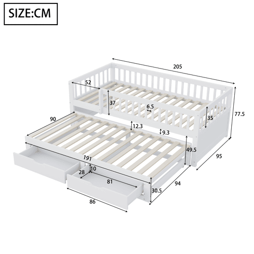 Sofá-cama em madeira maciça 90 x 200 cm - grade de segurança completa, cama extensível com 2 gavetas e estrado - branco Sofá-cama em madeira maciça 90 x 200 cm - grade de segurança completa, cama extensível com 2 gavetas e estrado - branco