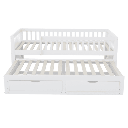 Sofá-cama em madeira maciça 90 x 200 cm - grade de segurança completa, cama extensível com 2 gavetas e estrado - branco Sofá-cama em madeira maciça 90 x 200 cm - grade de segurança completa, cama extensível com 2 gavetas e estrado - branco