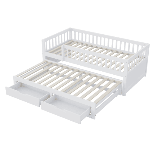 Sofá-cama em madeira maciça 90 x 200 cm - grade de segurança completa, cama extensível com 2 gavetas e estrado - branco Sofá-cama em madeira maciça 90 x 200 cm - grade de segurança completa, cama extensível com 2 gavetas e estrado - branco
