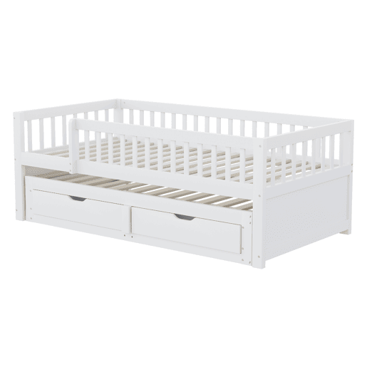 Sofá-cama em madeira maciça 90 x 200 cm - grade de segurança completa, cama extensível com 2 gavetas e estrado - branco Sofá-cama em madeira maciça 90 x 200 cm - grade de segurança completa, cama extensível com 2 gavetas e estrado - branco