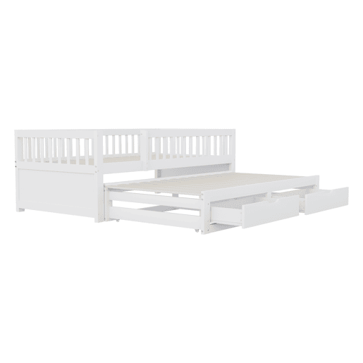 Sofá-cama em madeira maciça 90 x 200 cm - grade de segurança completa, cama extensível com 2 gavetas e estrado - branco Sofá-cama em madeira maciça 90 x 200 cm - grade de segurança completa, cama extensível com 2 gavetas e estrado - branco