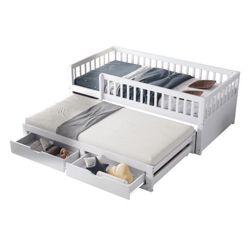 Sofá-cama em madeira maciça 90 x 200 cm - grade de segurança completa, cama extensível com 2 gavetas e estrado - branco Sofá-cama em madeira maciça 90 x 200 cm - grade de segurança completa, cama extensível com 2 gavetas e estrado - branco