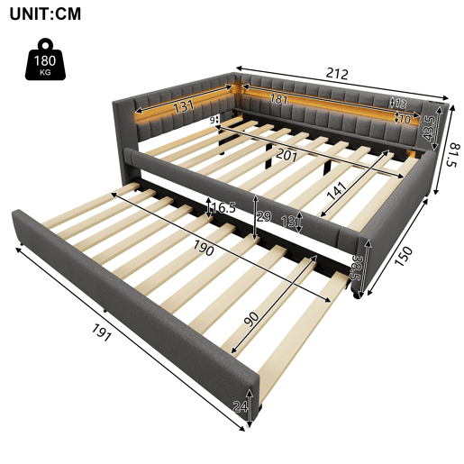 Sofá-cama 140x200 cm - LED com comando, cama extraível, USB + TYPE-C - Cinza Sofá-cama 140x200 cm - LED com comando, cama extraível, USB + TYPE-C - Cinza